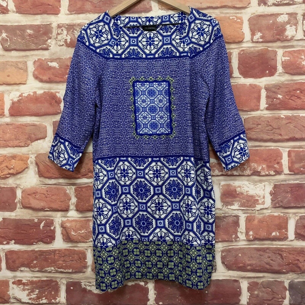 The Limited Shift Dress Women's Small Blue White Boho Floral Abstract Pullover